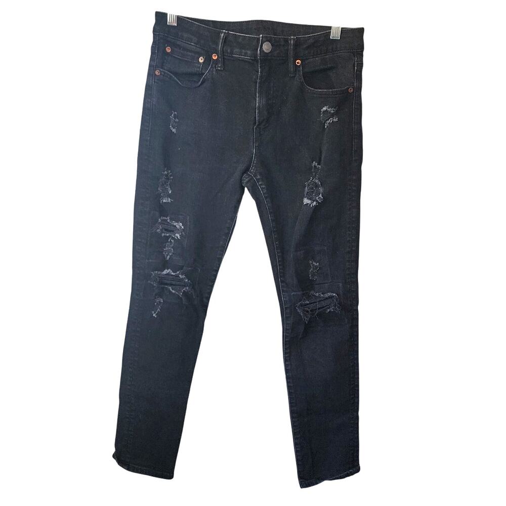 American Eagle Airflex Black Distressed Tapered Leg Denim Jeans Size 31X30